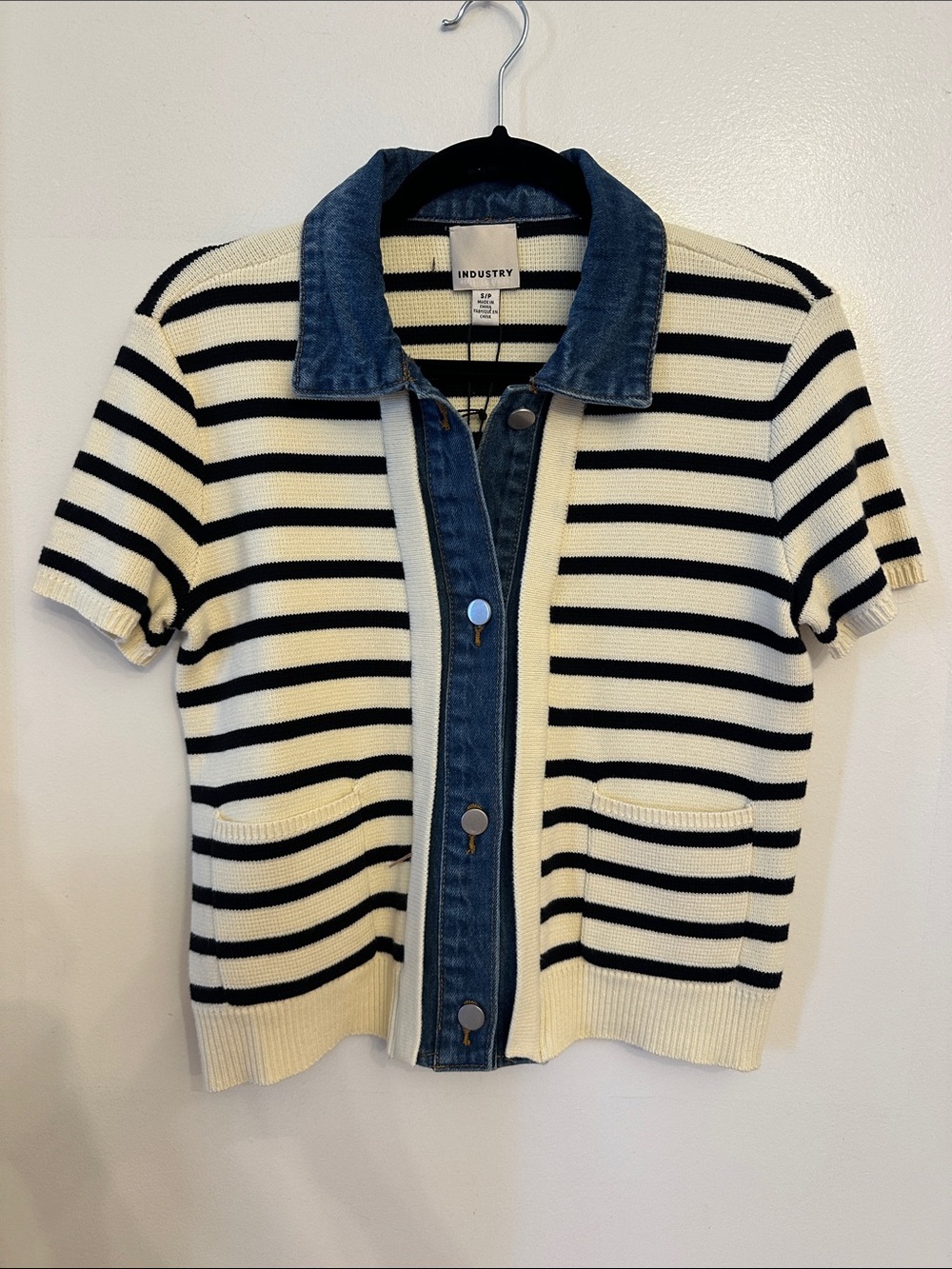 INDUSTRY Striped Short-Sleeve Polo with Denim Trim - Cream & Black